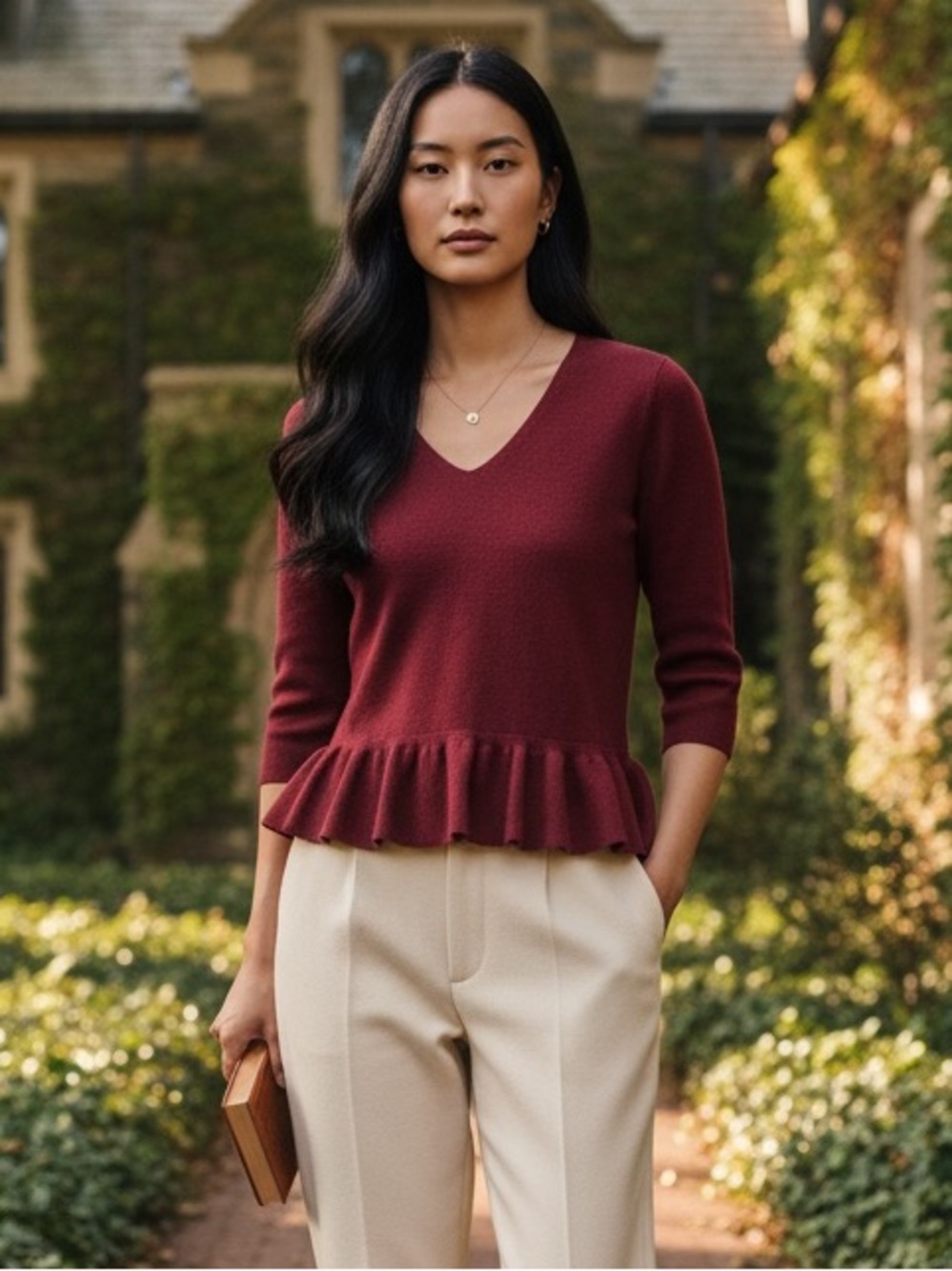 Ann Taylor Burgundy Wool Peplum Sweater S V Neck Preppy Ivy Quiet Luxury Fall